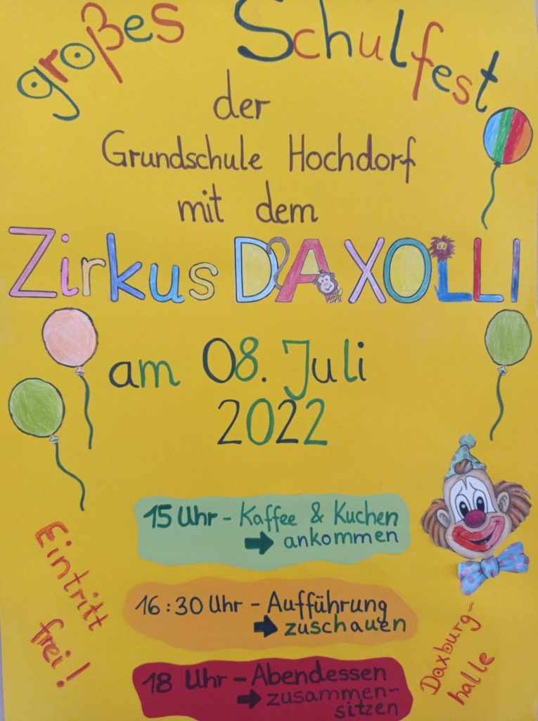 Foto von Plakat zur Bekanntmachung des Schulfests mit Zirkus Daxolli